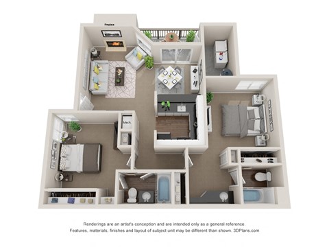 Floor plan for 2 beds, 2 baths, 995 sqft